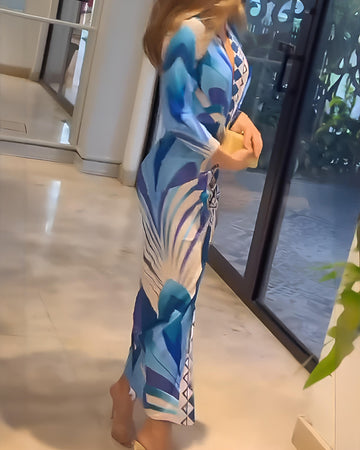 Geometric Print Plunge V Neck Long Sleeve Bodycon Midi Dress Casual Slim Fit Ruched Slit Dress